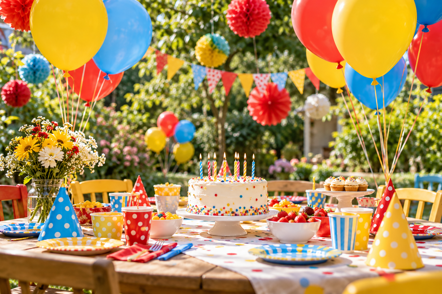 Une table d’anniversaire colorée décorée de ballons dans un jardin